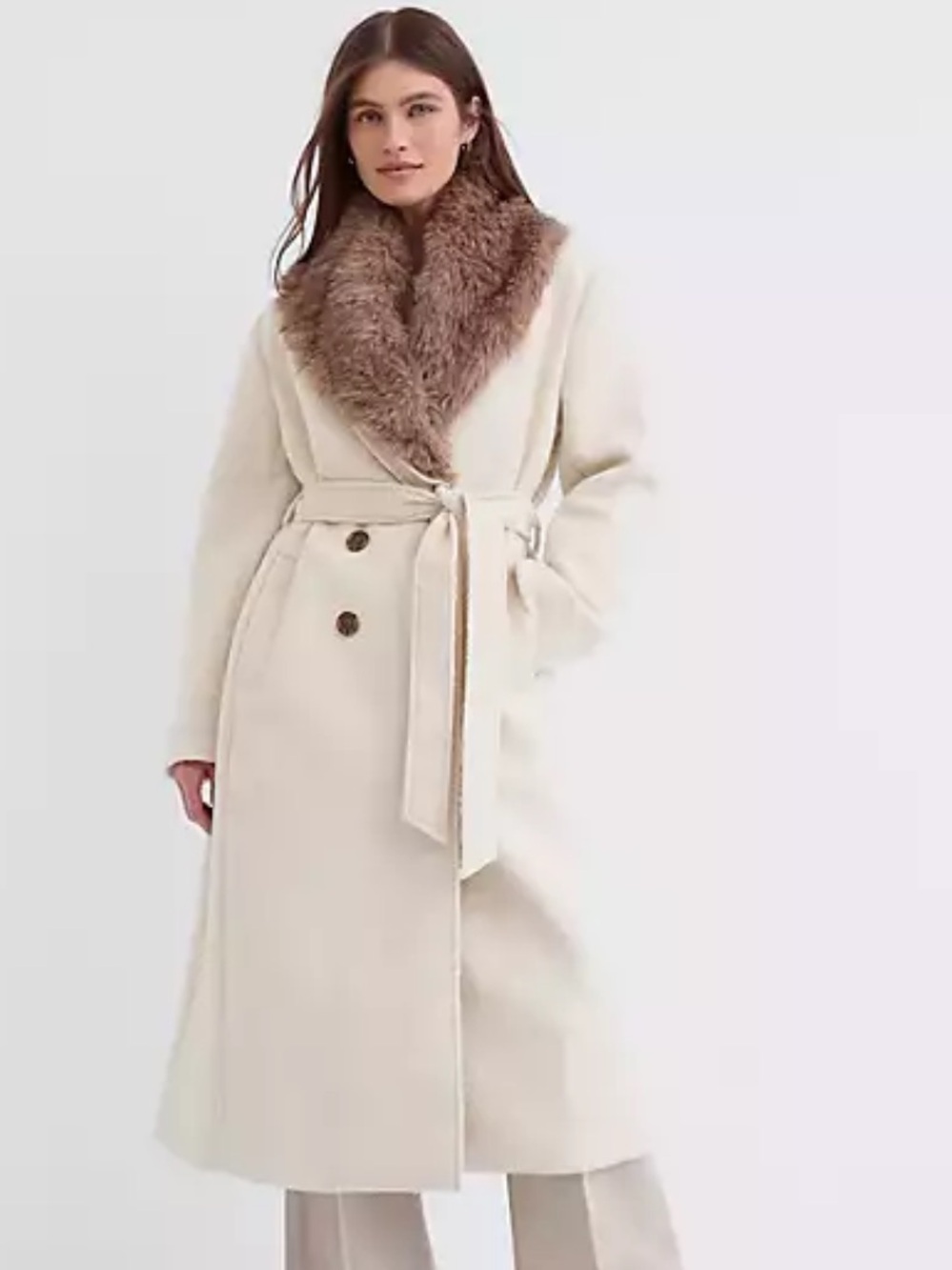LOFT Cream Long Belted Pea Coat with Brown Faux-Fur Collar